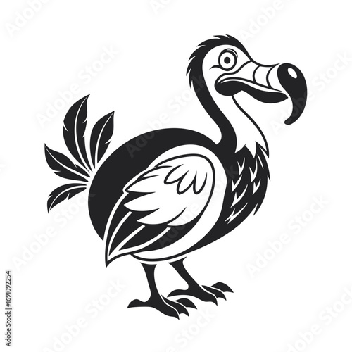 Stylized black and white illustration of a dodo bird