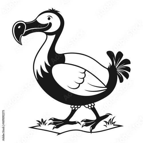 Cartoon dodo bird standing on grass black and white illustration