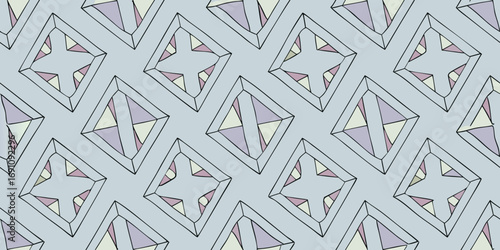 Repeating diamond shapes with geometric patterns in light blue background creating a seamless design