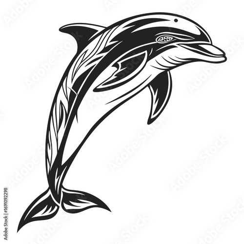 Stylized black and white dolphin leaping with tribal accents
