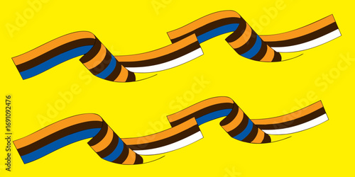 Two wavy striped ribbons with orange black blue and white on a yellow background are diagonally placed