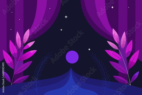 a celestial backdrop with deep purple drapes  glow