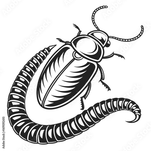 Stylized black and white illustration of a cockroach with a segmented tail
