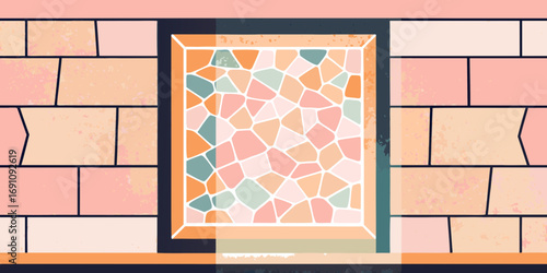 Illustration of a brick wall with a framed mosaic tile insert in shades of pink, orange, and teal colors