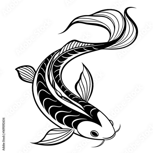 Stylized black and white koi fish illustration with flowing fins and tail