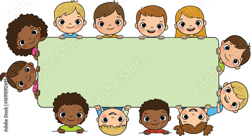 Cute cartoon kids holding blank sign, diverse children illustration, smiling boys and girls, empty board, educational design, colorful, playful art