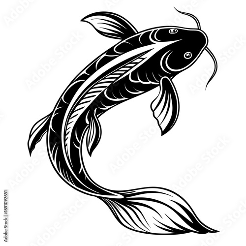 Stylized black and white koi fish illustration with flowing fins