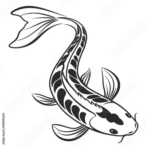 Stylized black and white koi fish illustration with flowing fins and tail