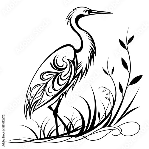 Elegant black and white tribal heron bird illustration with decorative swirls
