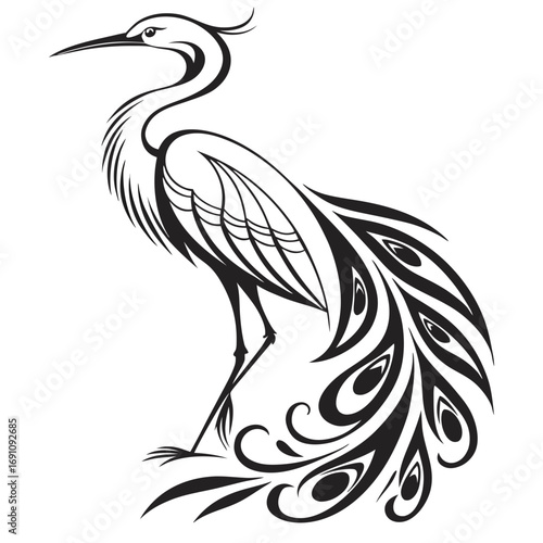 Elegant black and white stylized crane with flowing tail feathers