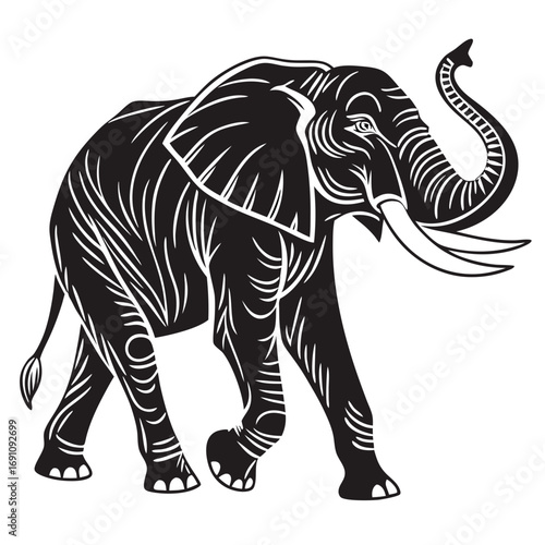 Stylized black and white illustration of a walking elephant with tusks