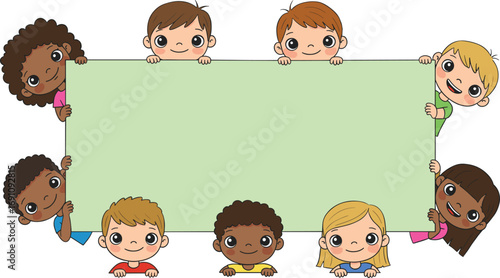 Cute cartoon kids holding blank sign, diverse children illustration, smiling boys and girls, empty board, educational design, colorful, playful art