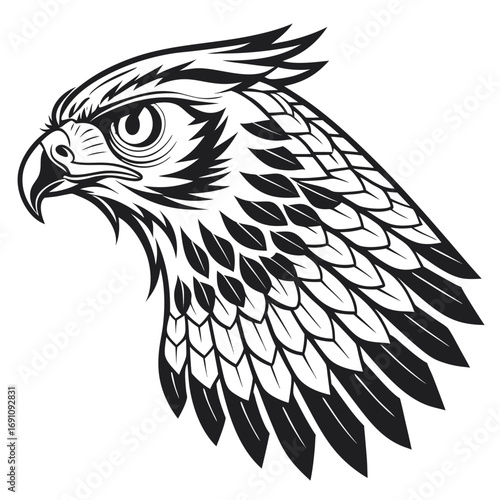 Stylized black and white eagle head with detailed feathers