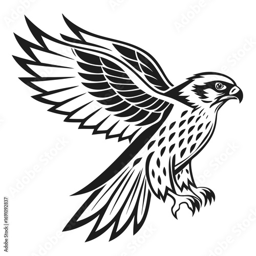 Stylized black and white falcon in flight with spread wings and sharp talons