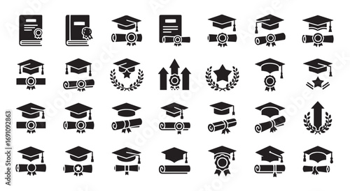 Graduation and academic achievement icons, diploma, cap, certificate, award, success, education, scholarship, learning, honors, celebration