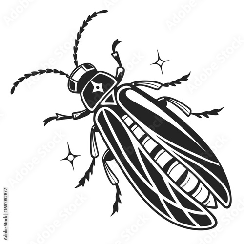 Stylized black and white illustration of a firefly with sparkling lights