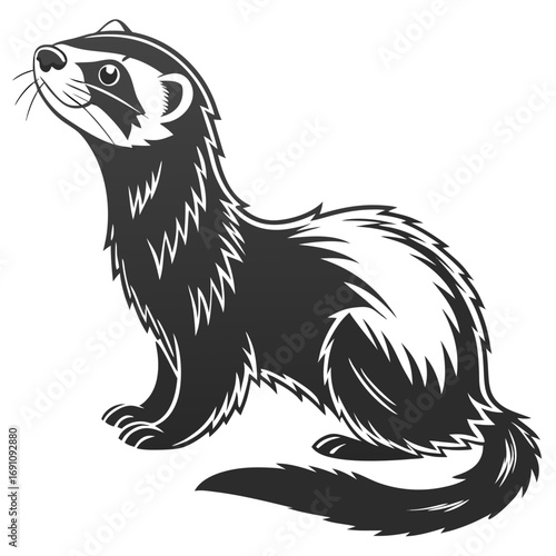 Stylized black and white illustration of a ferret on a white background