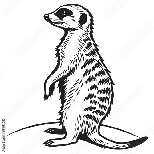 Black and white illustration of a meerkat standing upright on a white background