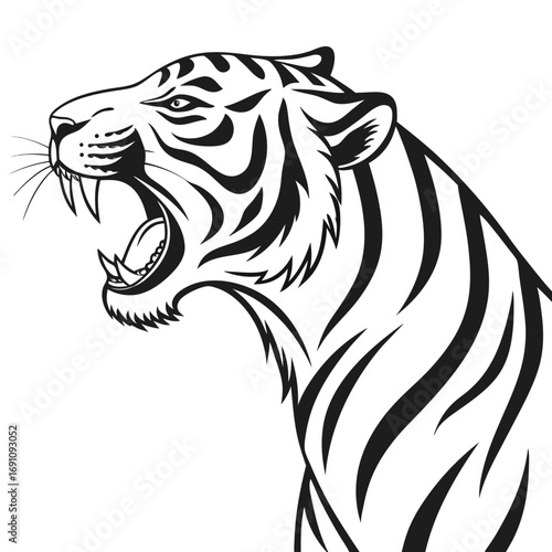 Stylized black and white roaring tiger head and shoulder illustration