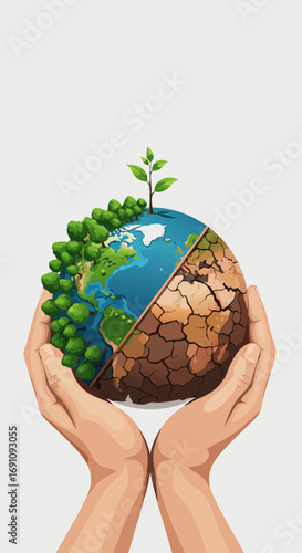 Nurturing Earth's delicate balance cradled in hands, contrasting lush life with arid drought