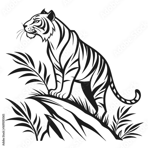 Stylized black and white tiger standing on a rock with foliage