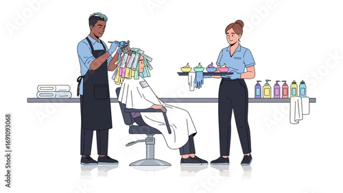 Serene spa scene with two therapists providing treatment to a client on a massage table surrounded by floral arrangements and spa products