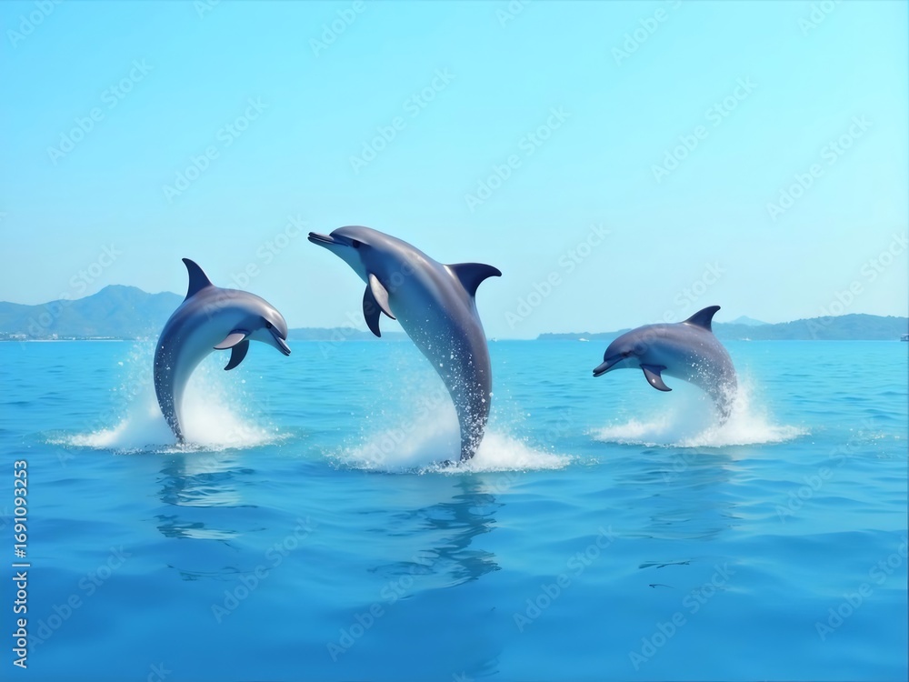 Obraz premium Three Dolphins Leap from Turquoise Ocean against Coastal Skyline on Bright Sunny Day