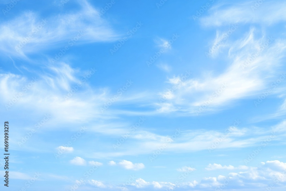 Obraz premium Breathtaking Wide Shot of an Expansive Blue Sky Filled with Beautiful Cloud Formations, Soft Diffused Light and Serenity Make This Image Perfect for Tranquil Backgrounds or Atmospheric
