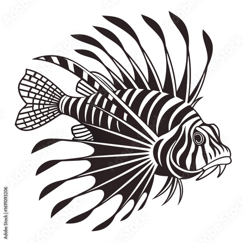 Stylized black and white illustration of a lionfish