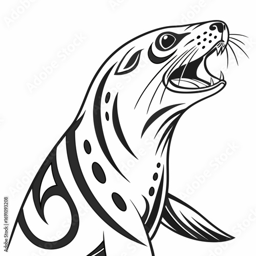 Stylized black and white seal illustration with open mouth