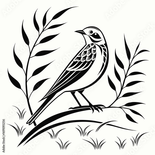 Stylized black and white bird perched on a branch with foliage