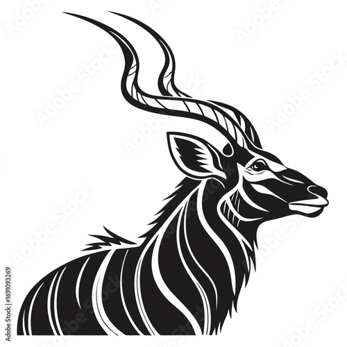 Stylized black and white illustration of a kudu antelope head and neck