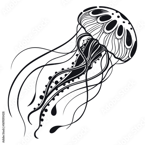 Stylized black and white illustration of a jellyfish with flowing tentacles