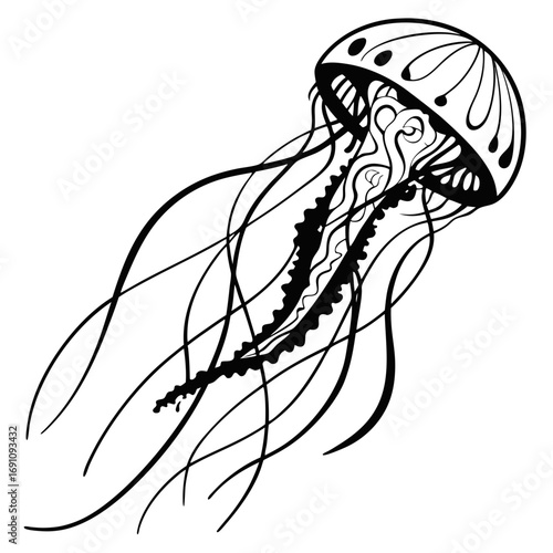 Stylized black and white illustration of a jellyfish with flowing tentacles