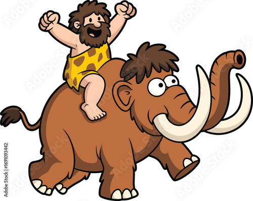 Happy cartoon caveman riding woolly mammoth, prehistoric character illustration, stone age animal, funny kids design, cute ancient adventure concept