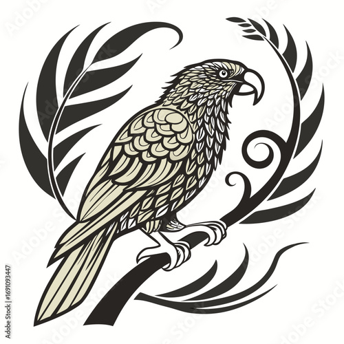 Stylized parrot perched on a branch with decorative foliage