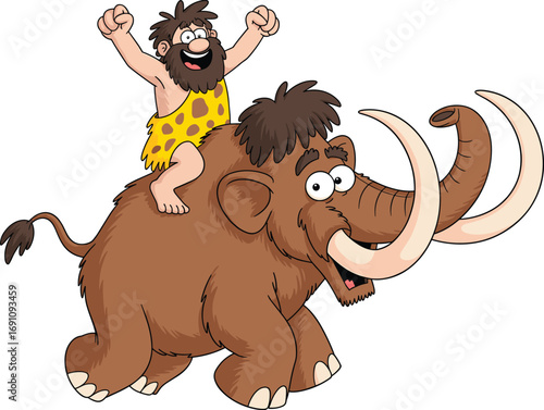 Happy cartoon caveman riding woolly mammoth, prehistoric character illustration, stone age animal, funny kids design, cute ancient adventure concept