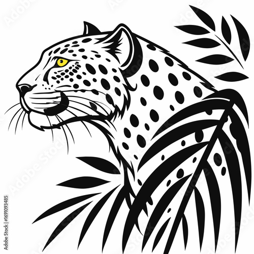 Stylized black and white jaguar head with yellow eye and tropical leaves