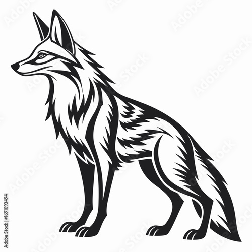 Stylized black and white wolf or fox illustration standing profile
