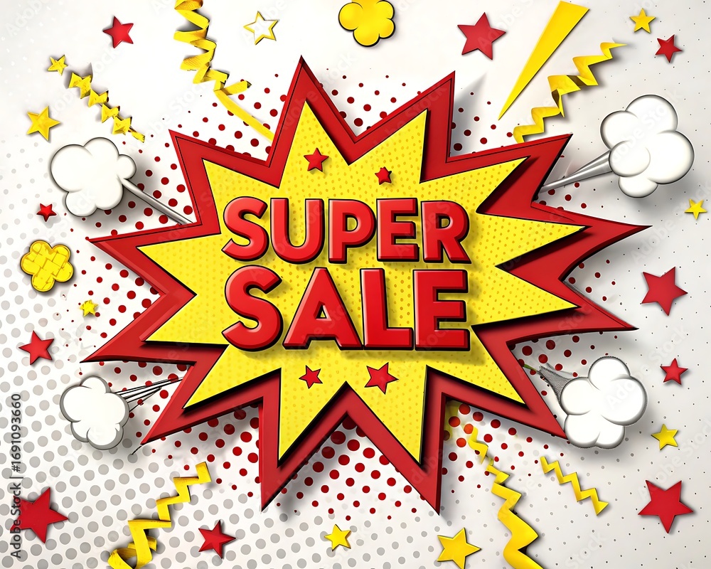Fototapeta premium Explosion comic book style super sale text with confetti and stars on a dotted background, representing a big discount event