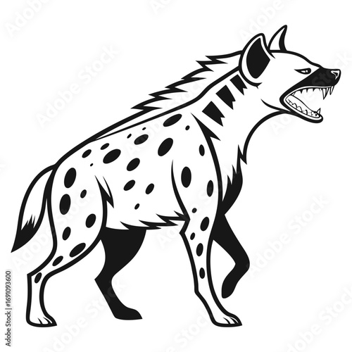 Stylized black and white illustration of a hyena with mouth open and teeth bared