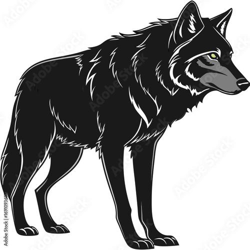 Stylized black wolf standing profile with green eyes