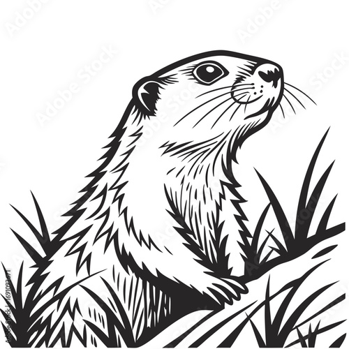 Black and white illustration of a groundhog peeking out from grass
