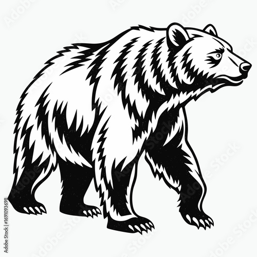 Black and white illustration of a walking grizzly bear