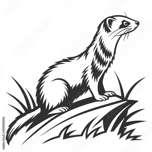 Stylized black and white illustration of a ferret sitting on a rock with grass