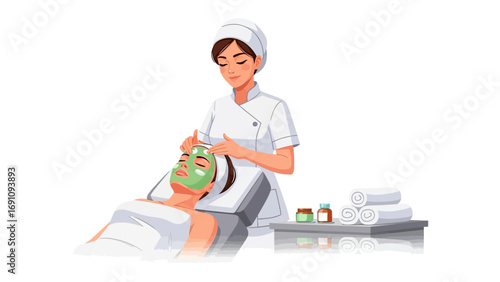 Serene Spa Experience: A professional beautician applying a rejuvenating face mask to a client, promoting skincare in a relaxing spa setting, highlighting wellness and beauty treatment.