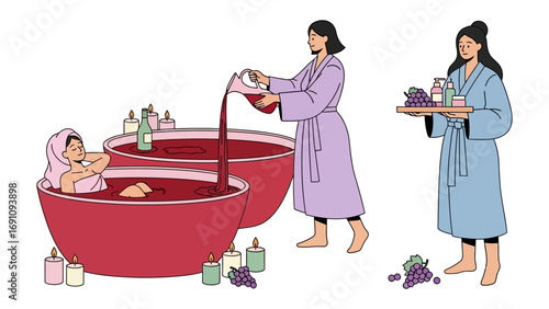 Two female spa therapists performing a relaxing hot stone massage on a person lying on a massage table with oils and towels nearby
