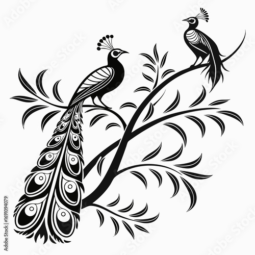 Two stylized peacocks perched on a tree branch with leaves