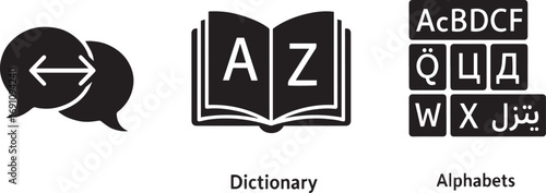 Language and dictionary icons, speech bubbles, alphabet book, letters, translation, communication, learning, vocabulary, education, linguistics