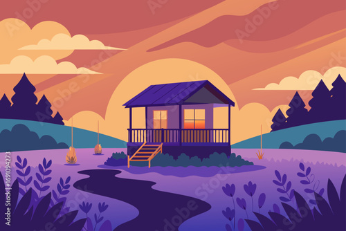 a cozy cottage with a porch swing  overlooking a f